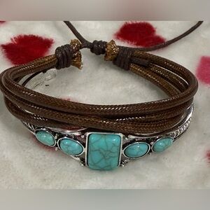 Set of 2 Bracelets! 1 Turquoise & Silver ring claw 1 sparkle Brown Leather New